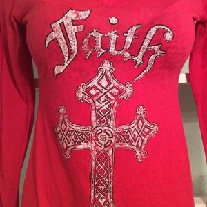 RED RHINESTONE LONG SLEEVE SHIRT "FAITH" CROSS SM.